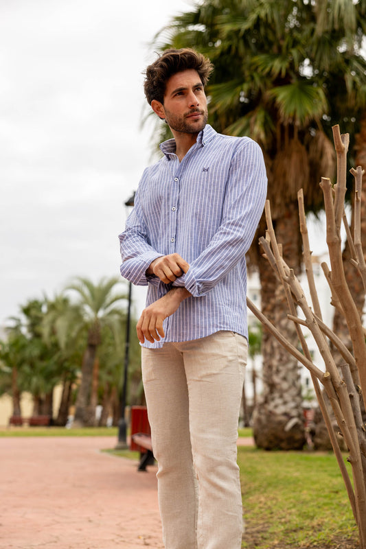 Camisa Lino Rayas Azul | Ribadeo