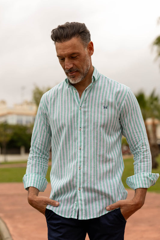 Camisa Lino Rayas Verde | Baza