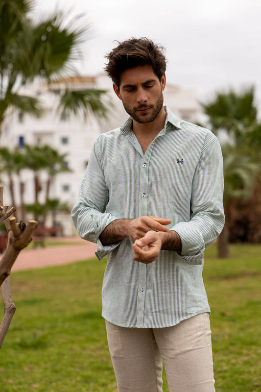 Camisa Lino Rayas Verde | Gijón