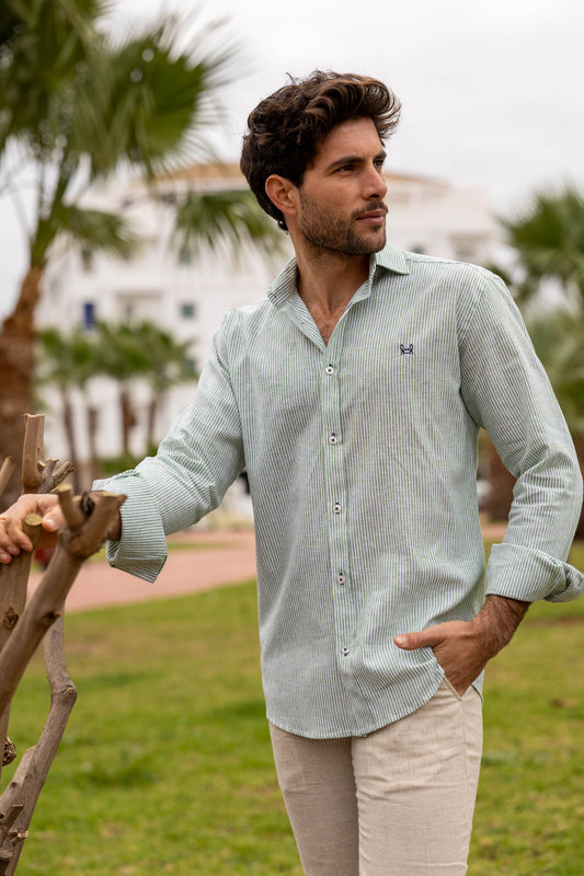 Camisa Lino Rayas Verde | Gijón