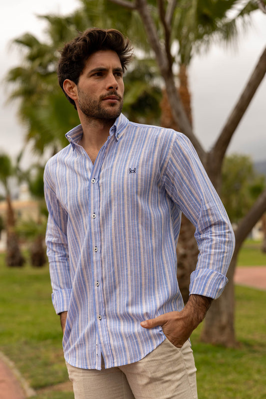 Camisa Lino Rayas Azul | Sagunto