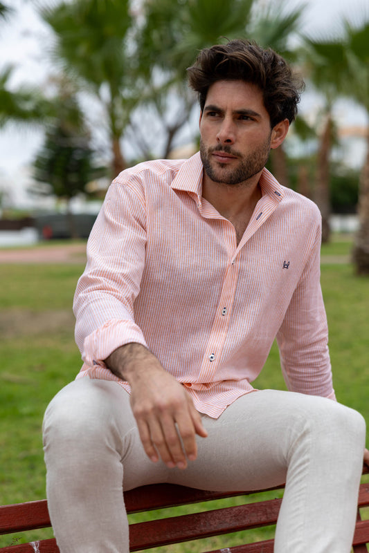 Camisa Lino Rayas Salmón | Gijón