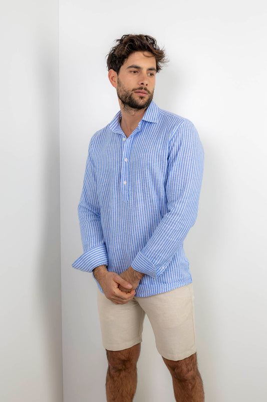 Polera Lino Raya Azul | Chipiona