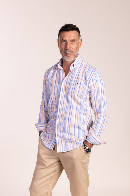 Camisa Lino Multiraya Azul Beige | Cártama