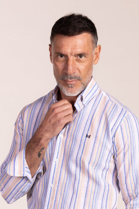 Camisa Lino Multiraya Azul Beige | Cártama