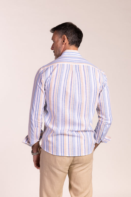 Camisa Lino Multiraya Azul Beige | Cártama