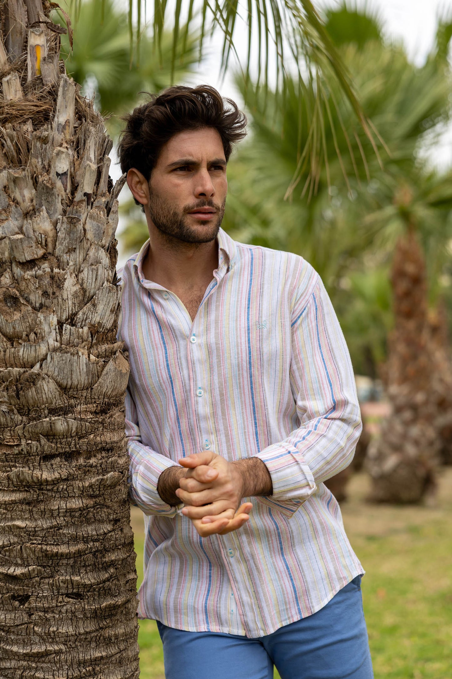 Camisa Lino Rayas Beige | Sagunto