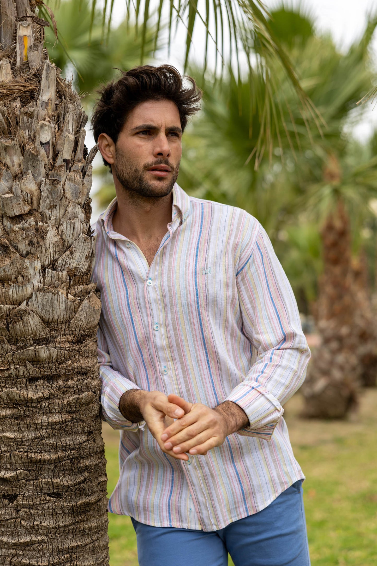 Camisa Lino Rayas Beige | Sagunto
