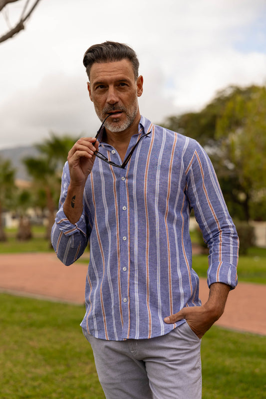 Camisa Lino Rayas Azul Naranja | Alcudia