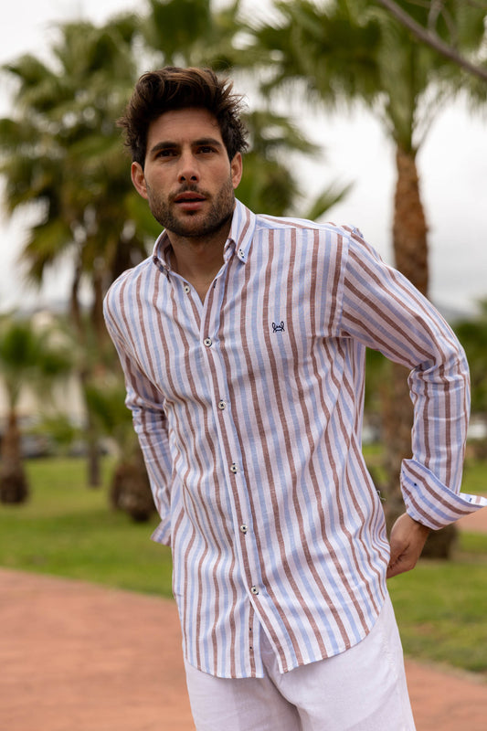 Camisa Lino Rayas Celeste Marrón | Montefrío