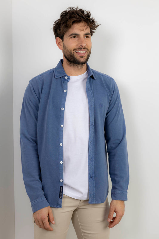 Camisa Piqué Lavada Azul Slim Fit