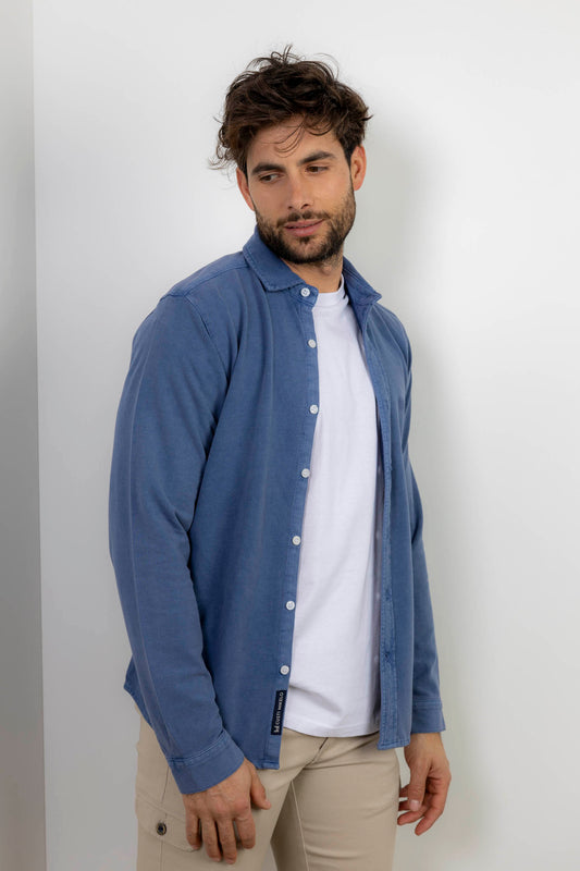 Camisa Piqué Lavada Azul Slim Fit