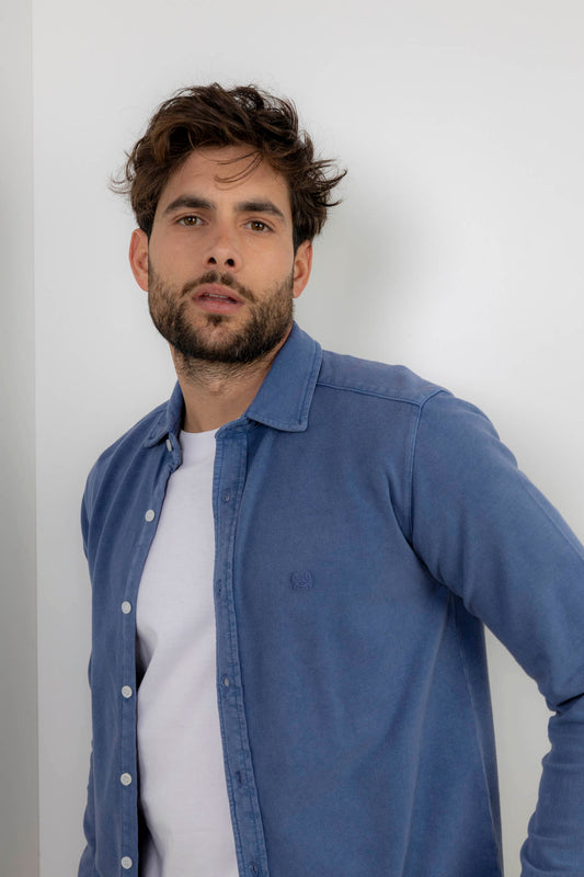 Camisa Piqué Lavada Azul Slim Fit