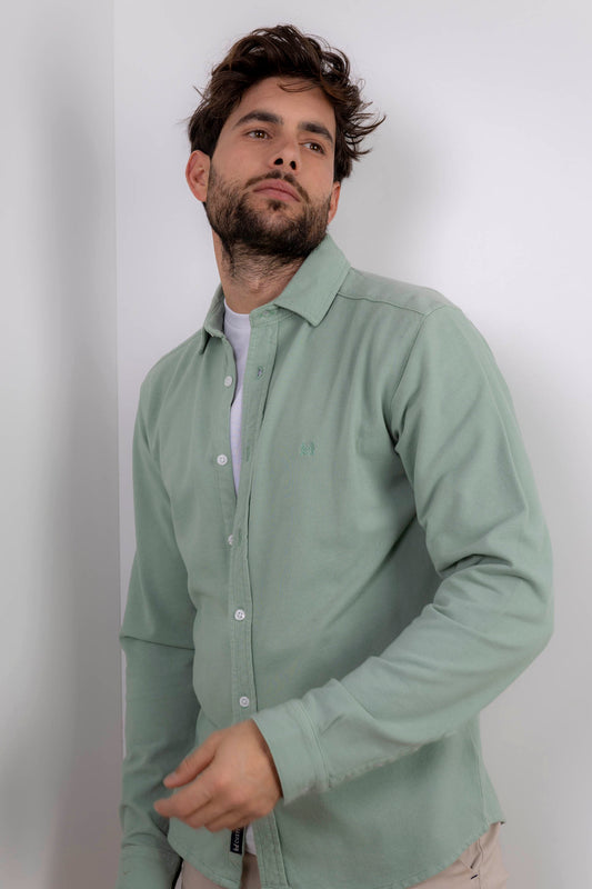 Camisa Piqué Lavada Verde Slim Fit