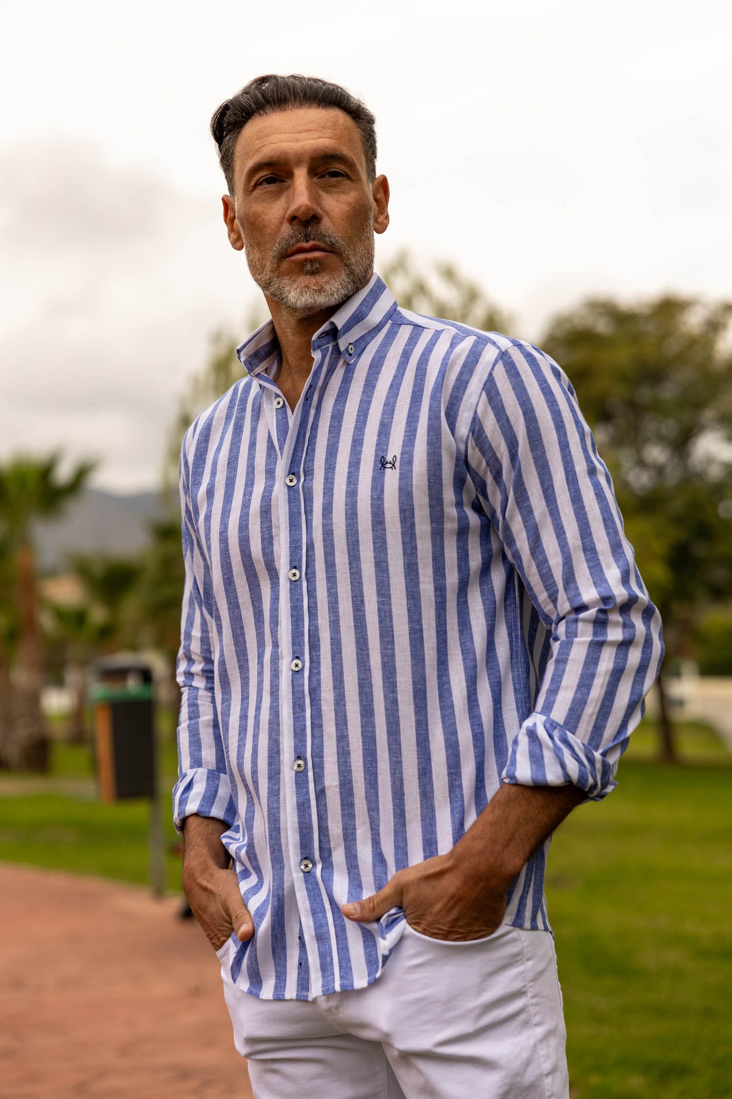 Camisa Lino Rayas Azul | Baza