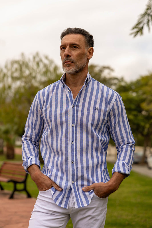 Camisa Lino Rayas Azul | Baza