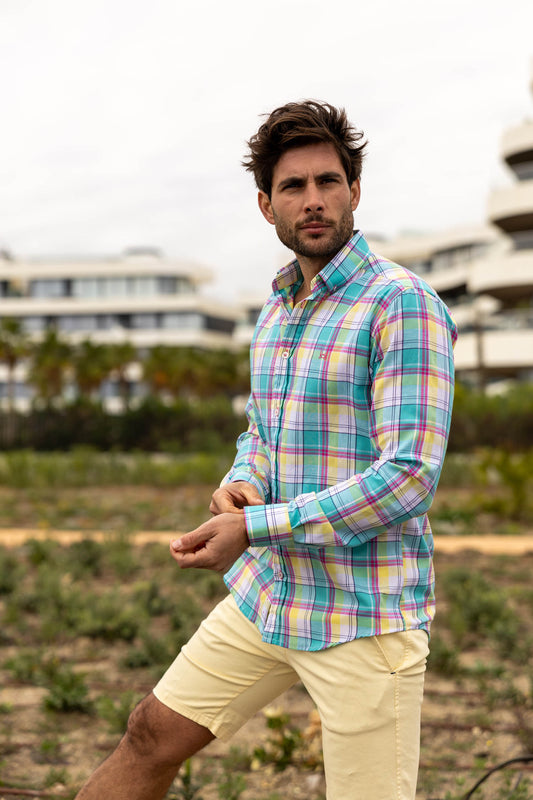Camisa Lino Cuadro Verde | Tenerife