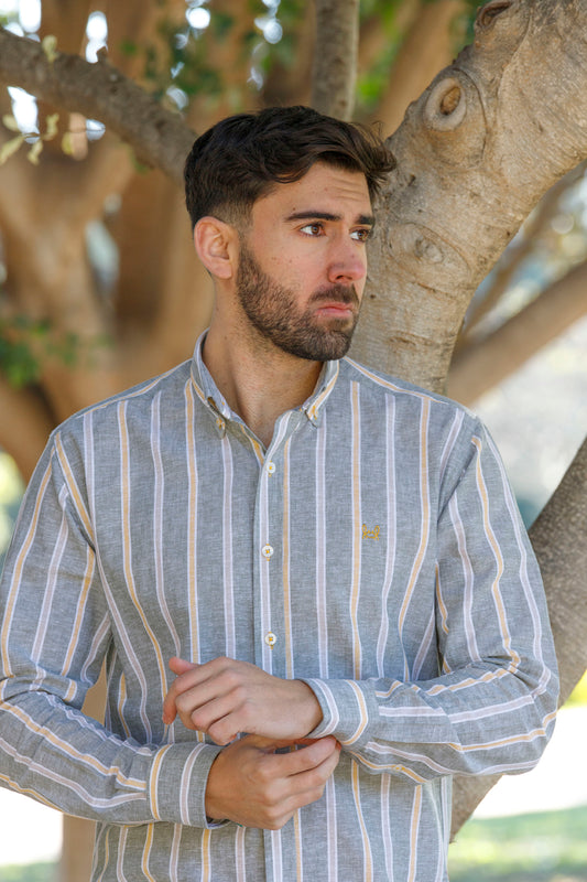 Camisa Lino Rayas Kaki Amarilla | Alcudia