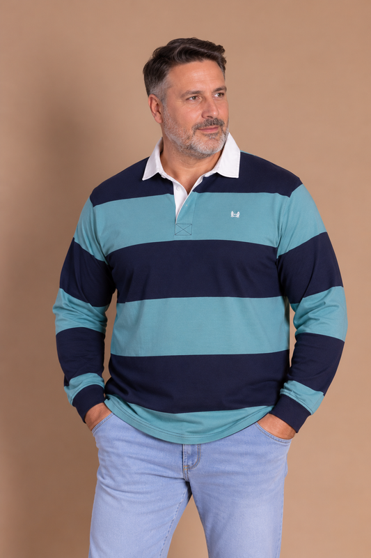 Polo rugby bleu canard et bleu marine