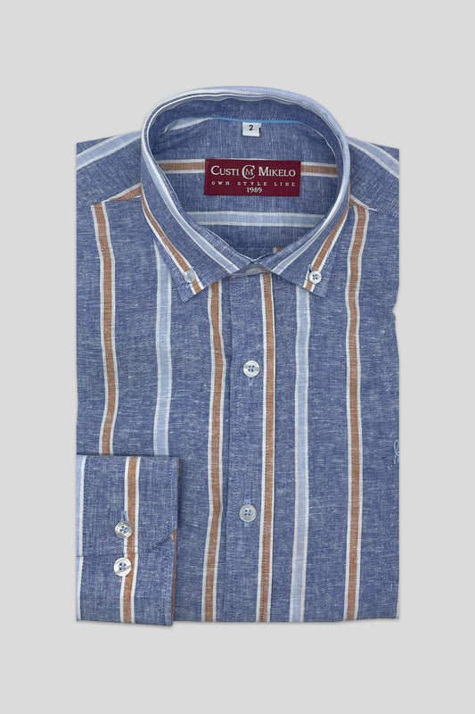 Camisa Lino Rayas Azul Naranja | Alcudia