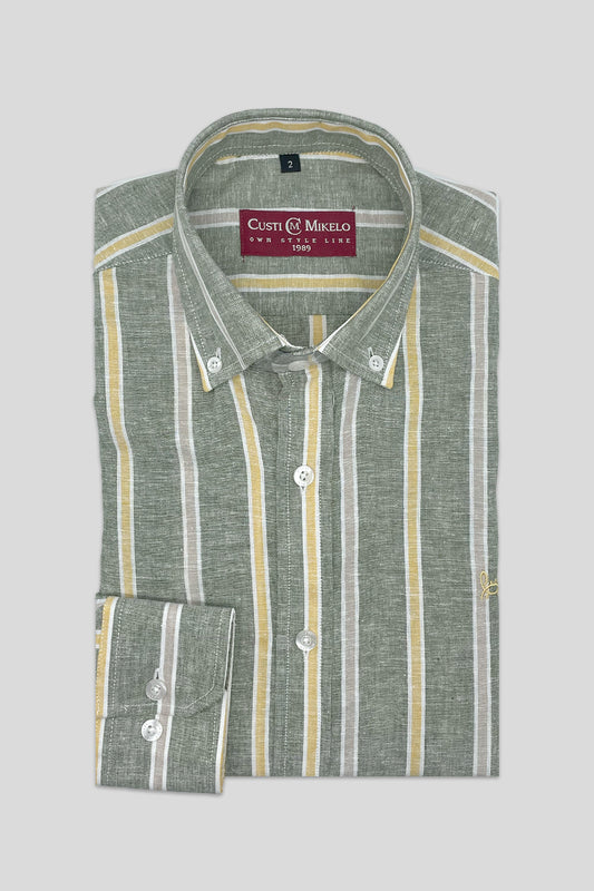 Camisa Lino Rayas Kaki Amarilla | Alcudia