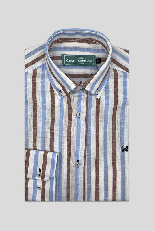 Camisa Lino Rayas Celeste Marrón | Montefrío