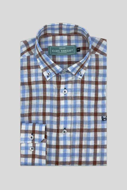 Camisa Lino Cuadro Marrón Celeste | Comillas