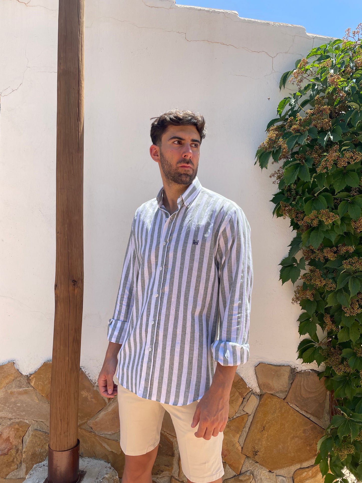 Camisa Lino Rayas Verde Kaki | Baza