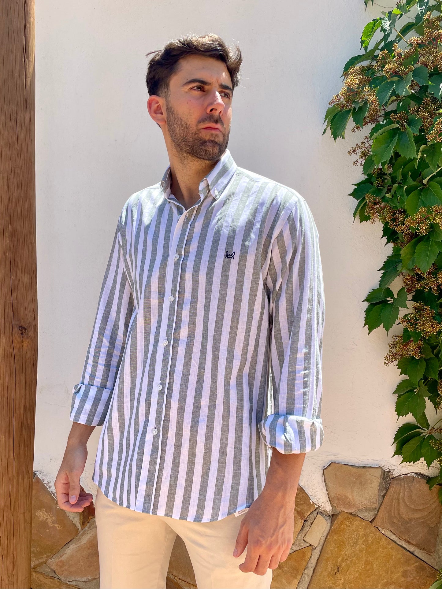 Camisa Lino Rayas Verde Kaki | Baza
