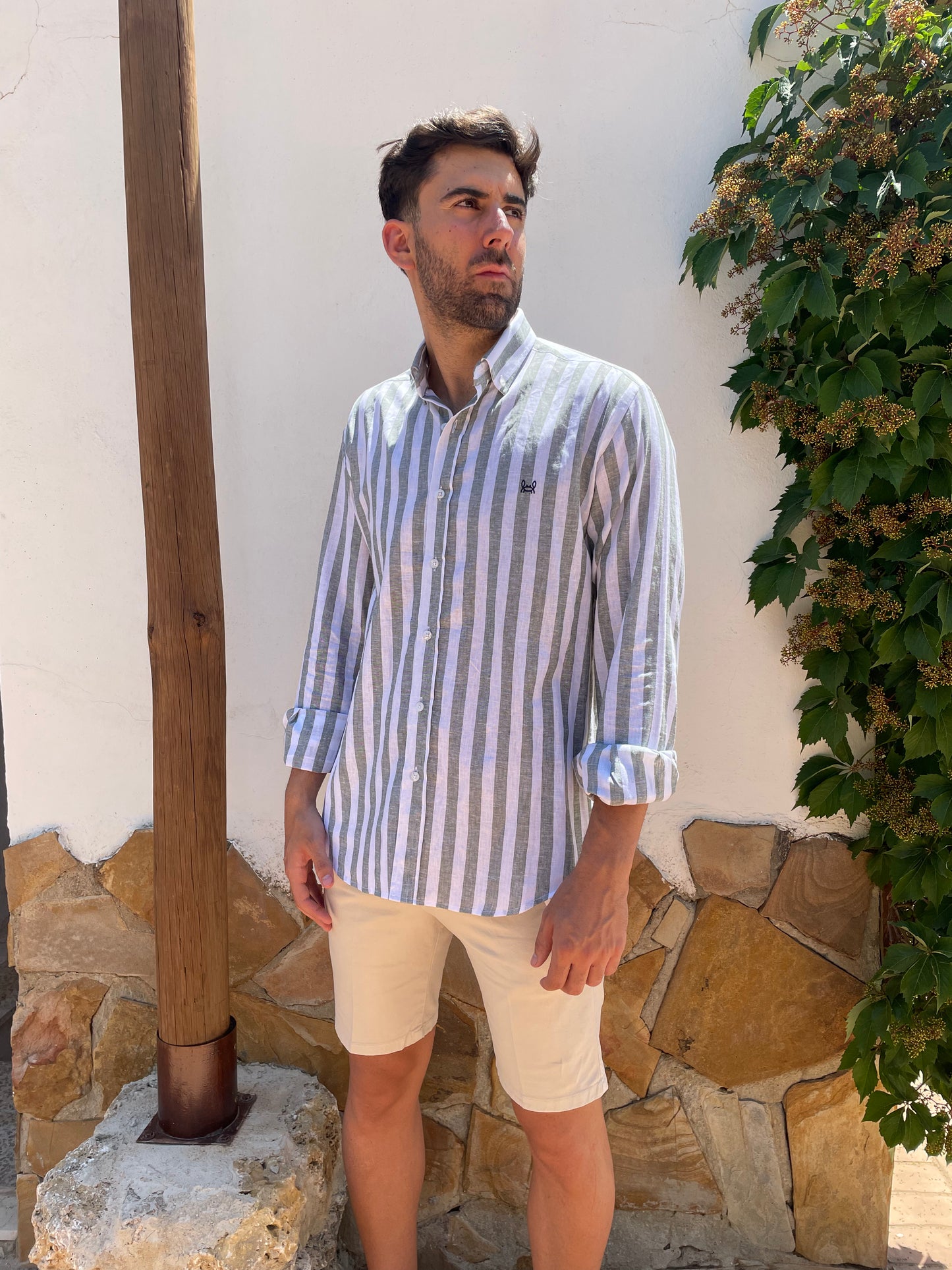 Camisa Lino Rayas Verde Kaki | Baza