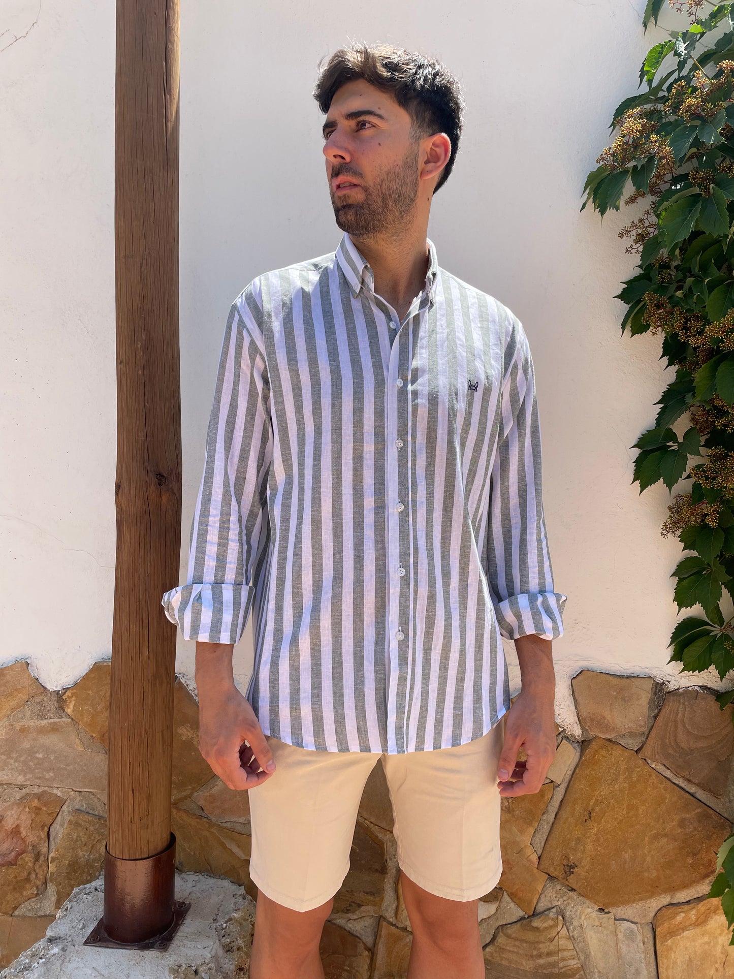Camisa Lino Rayas Verde Kaki | Baza