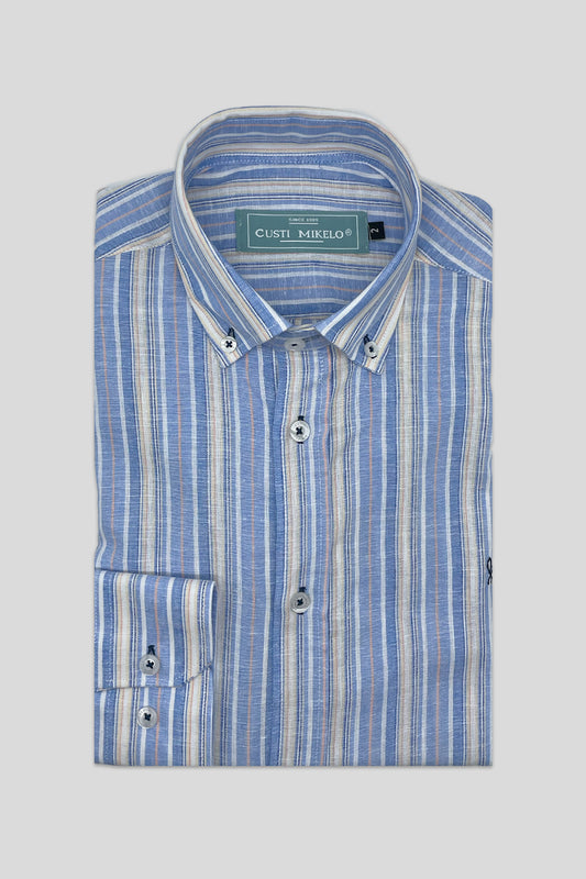 Camisa Lino Rayas Azul | Sagunto