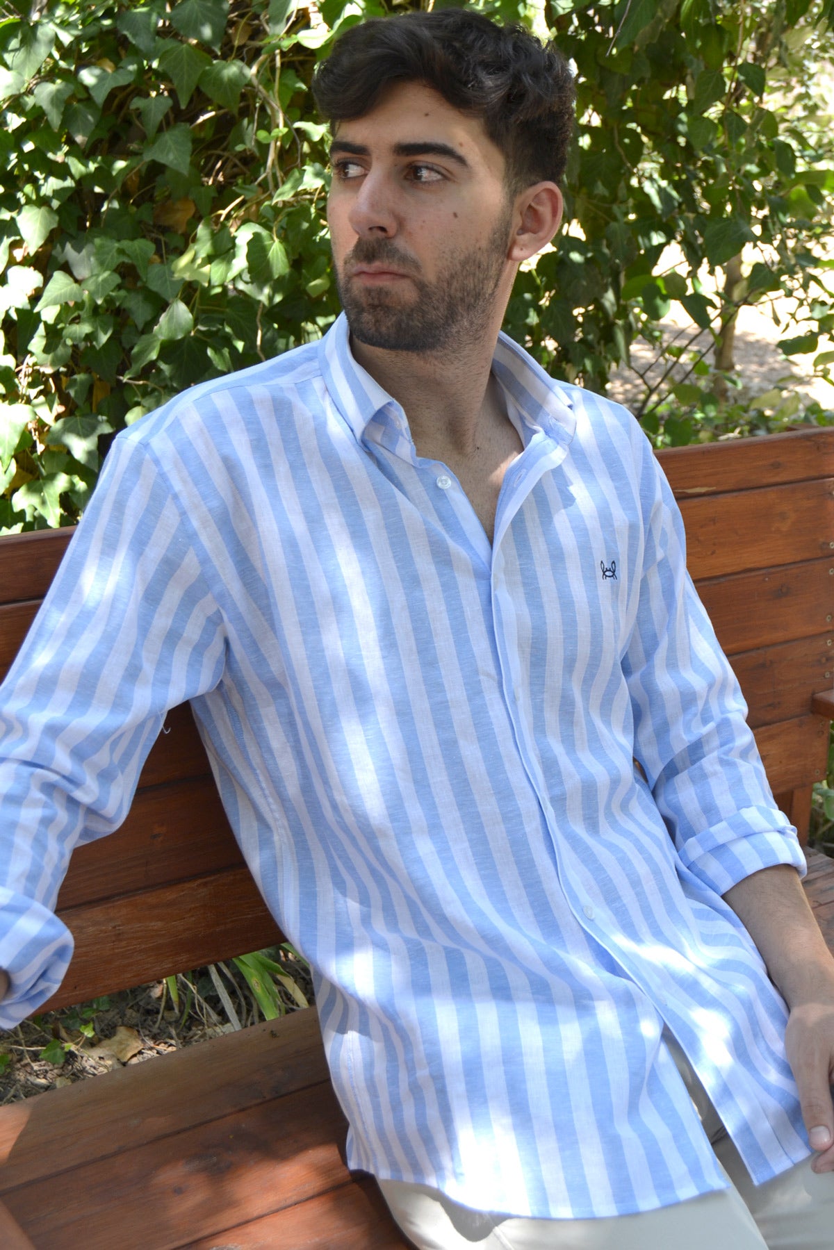 Camisa Lino Rayas Celeste | Baza
