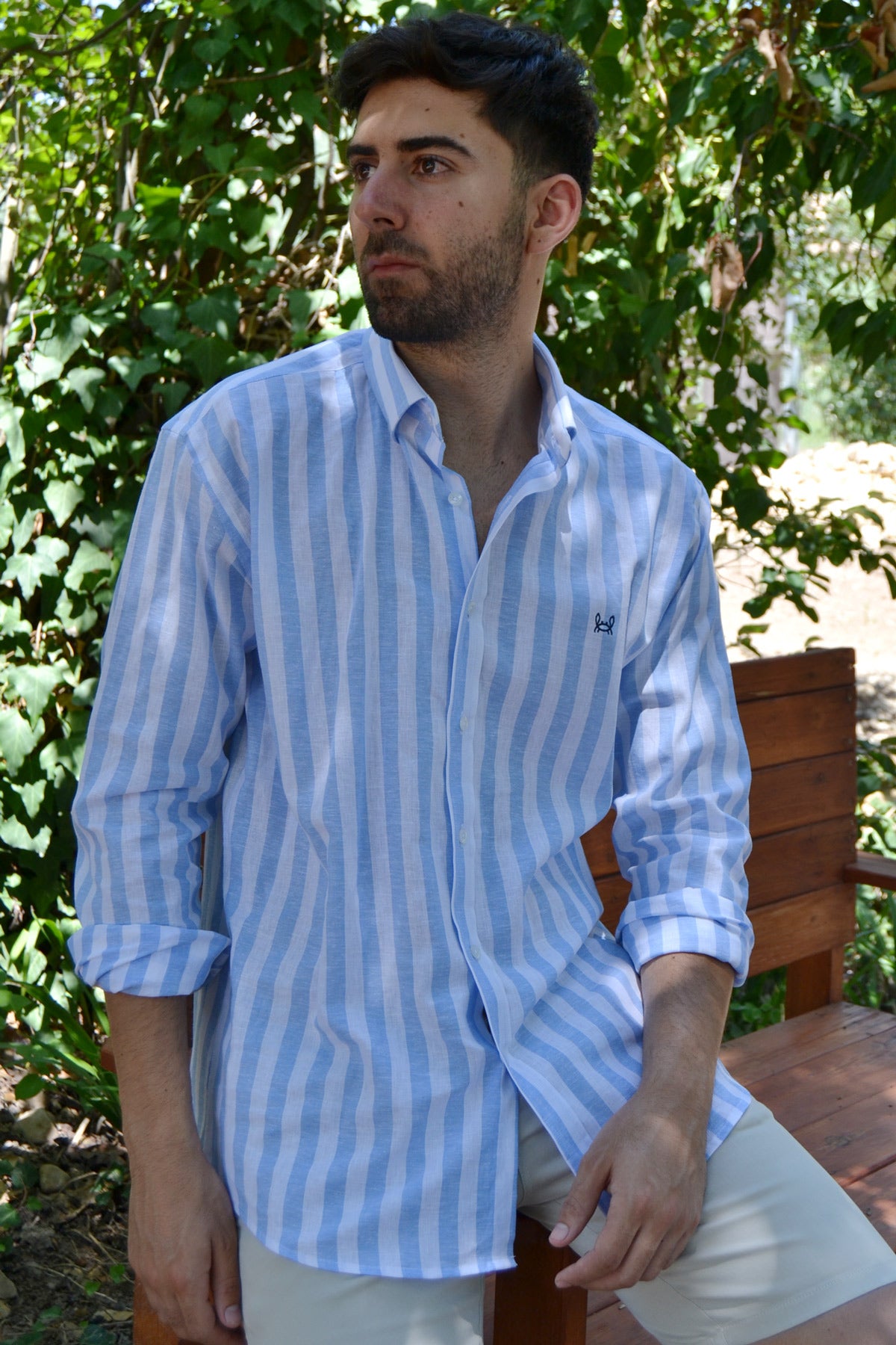 Camisa Lino Rayas Celeste | Baza