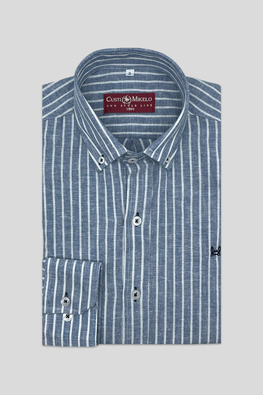 Camisa Lino Rayas Azul | Ribadeo