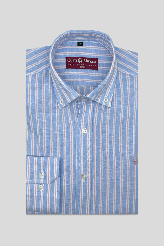 Camisa Lino Rayas Celeste Rosa | Palma