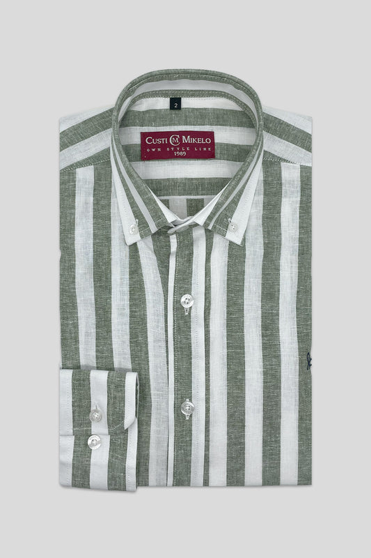 Camisa Lino Rayas Verde Kaki | Baza