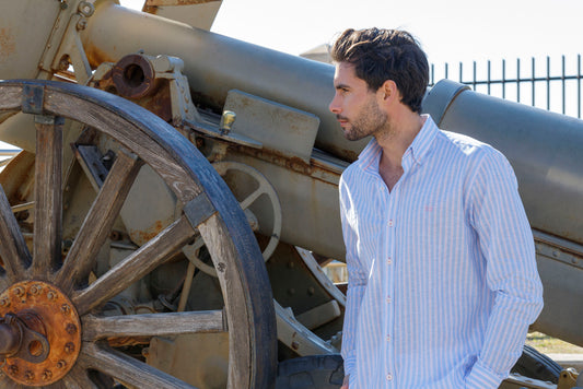 Camisa Lino Rayas Celeste Rosa | Palma