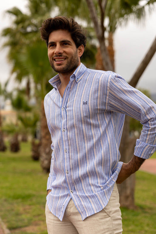 Camisa Lino Rayas Azul | Sagunto