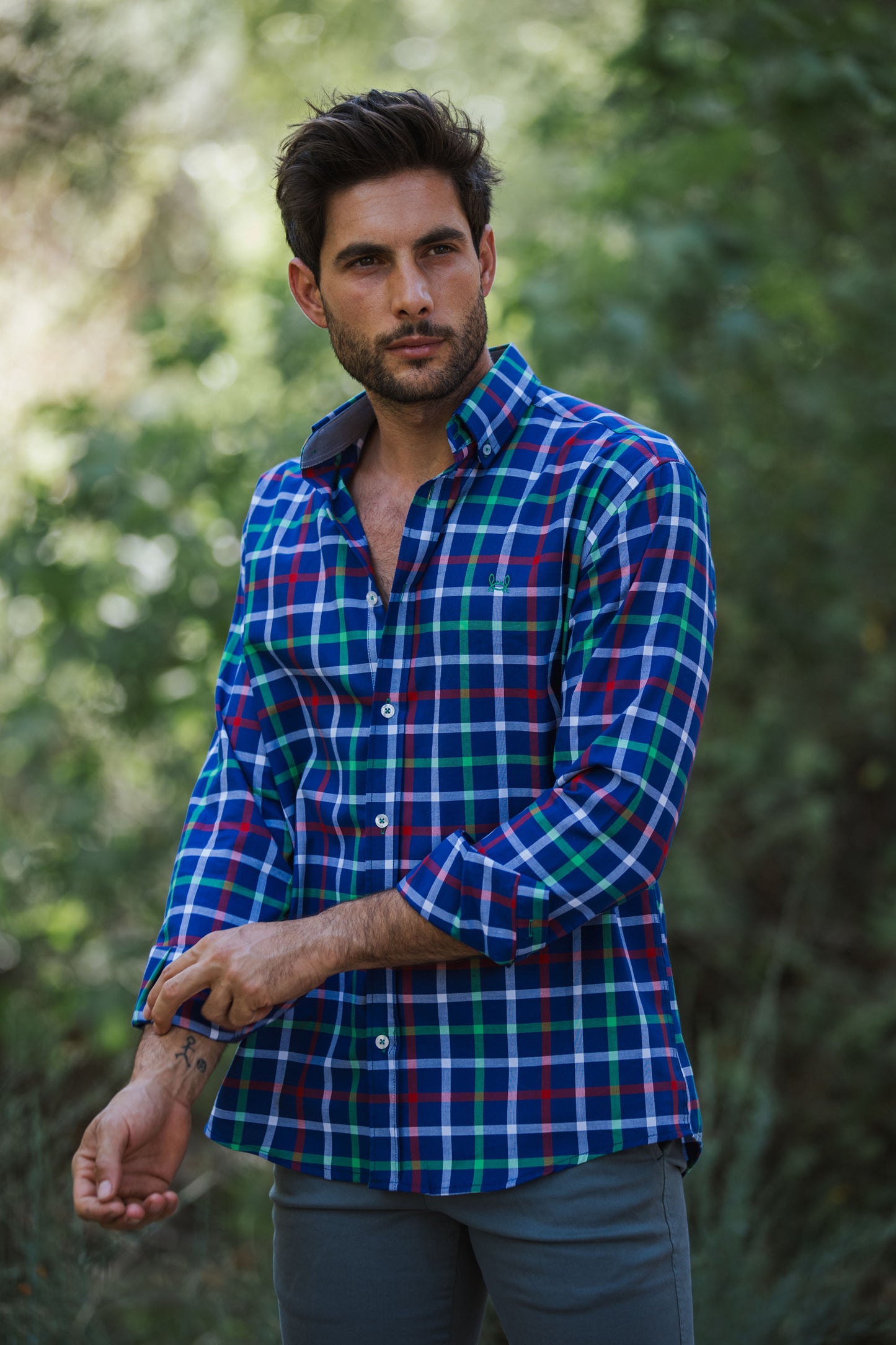 Camisa Azul Cuadro Verde Rojo | Olivenza