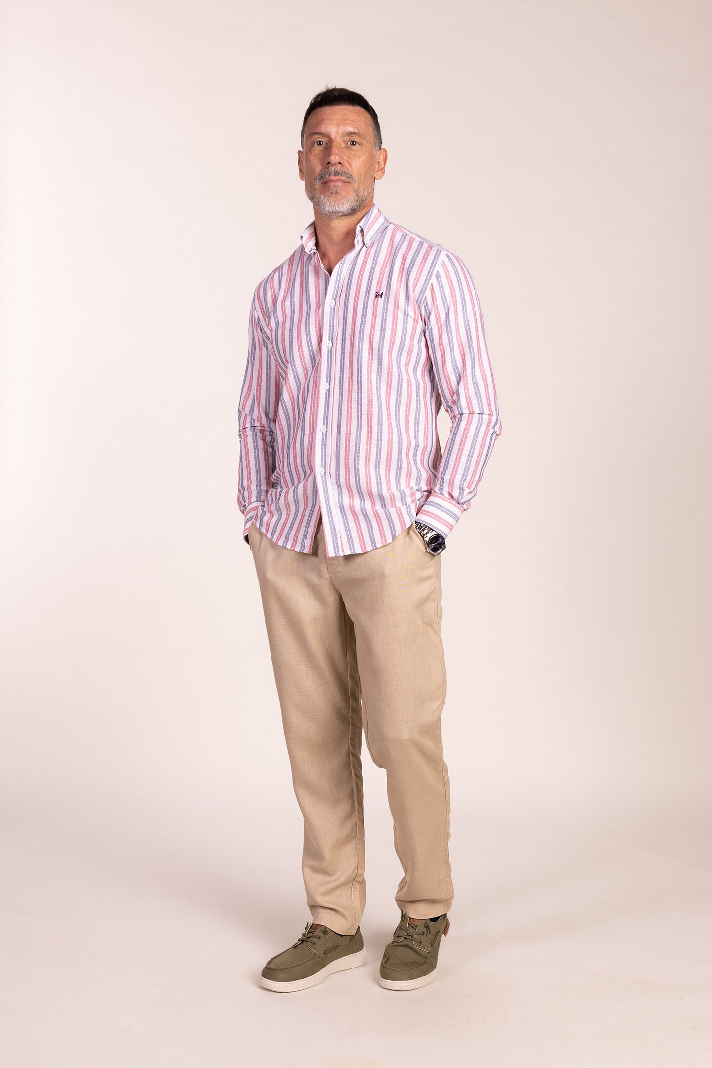 Camisa Lino Multiraya Roja | Coín