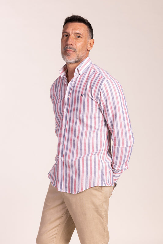 Camisa Lino Multiraya Roja | Coín