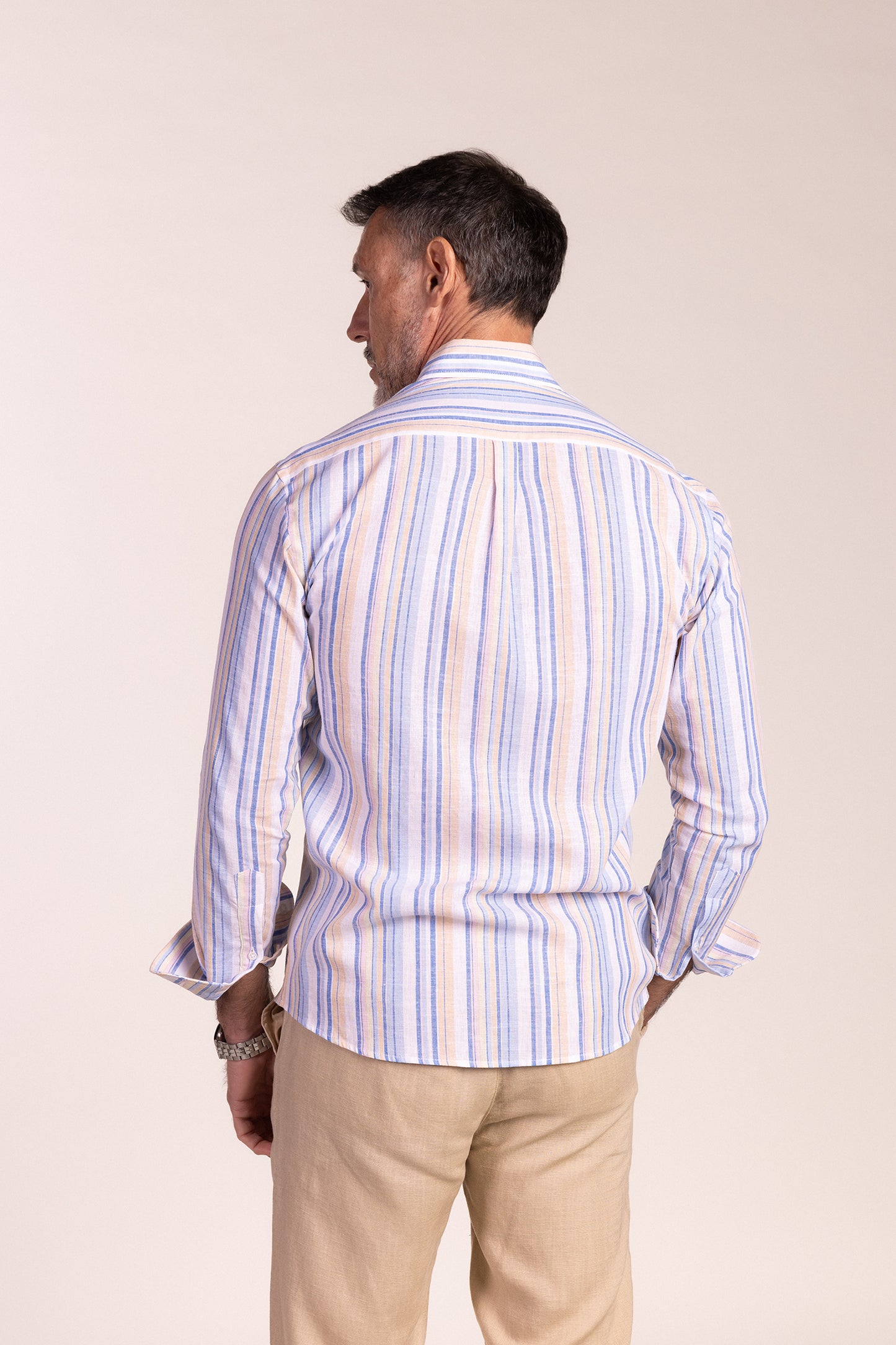 Camisa Lino Multiraya Azul Beige | Cártama