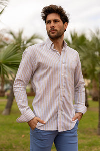 Camisa Lino Rayas Beige Celeste | Palma