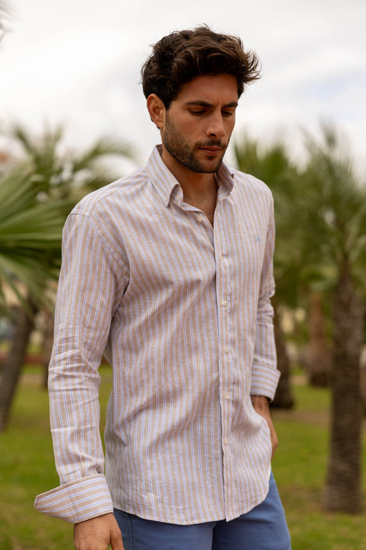Camisa Lino Rayas Beige Celeste | Palma