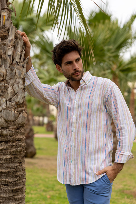 Camisa Lino Rayas Beige | Sagunto