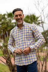 Camisa Lino Cuadro Amarillo Azul | Comillas