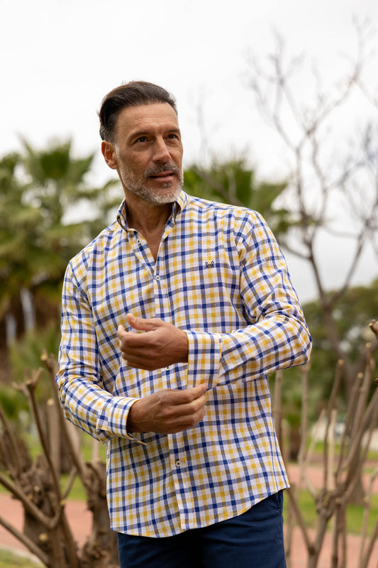 Camisa Lino Cuadro Amarillo Azul | Comillas