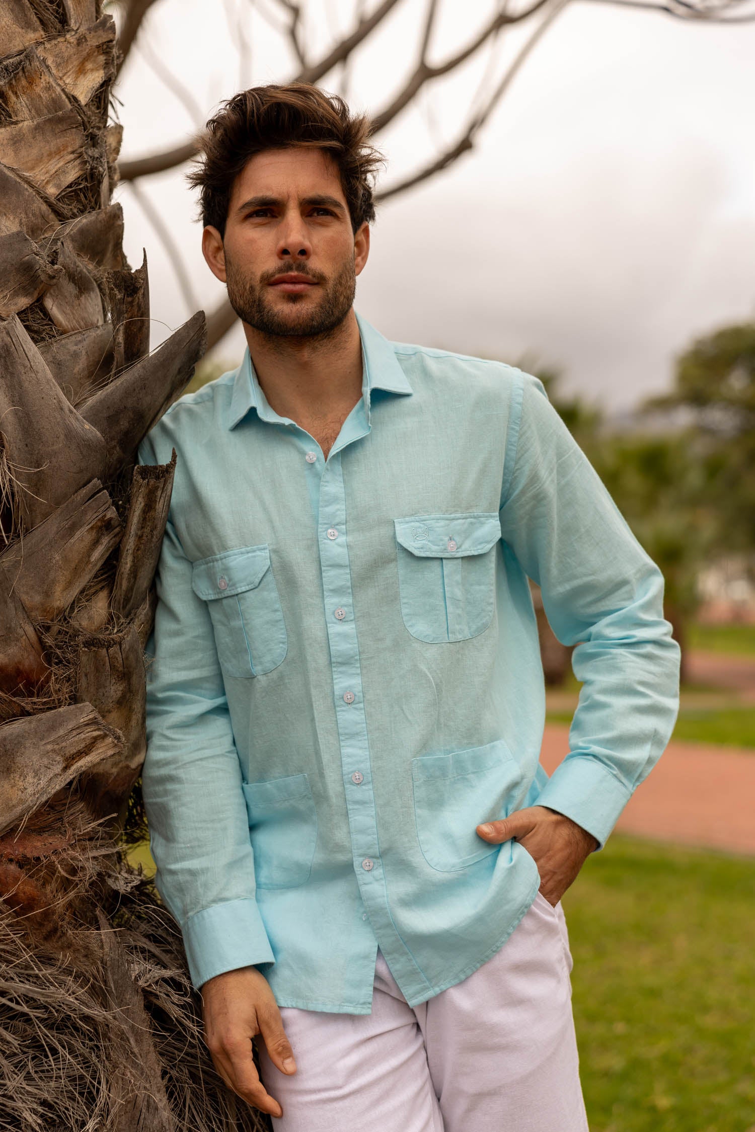 Camisa lino azul shops hombre