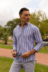 Camisa Lino Rayas Azul Naranja | Alcudia